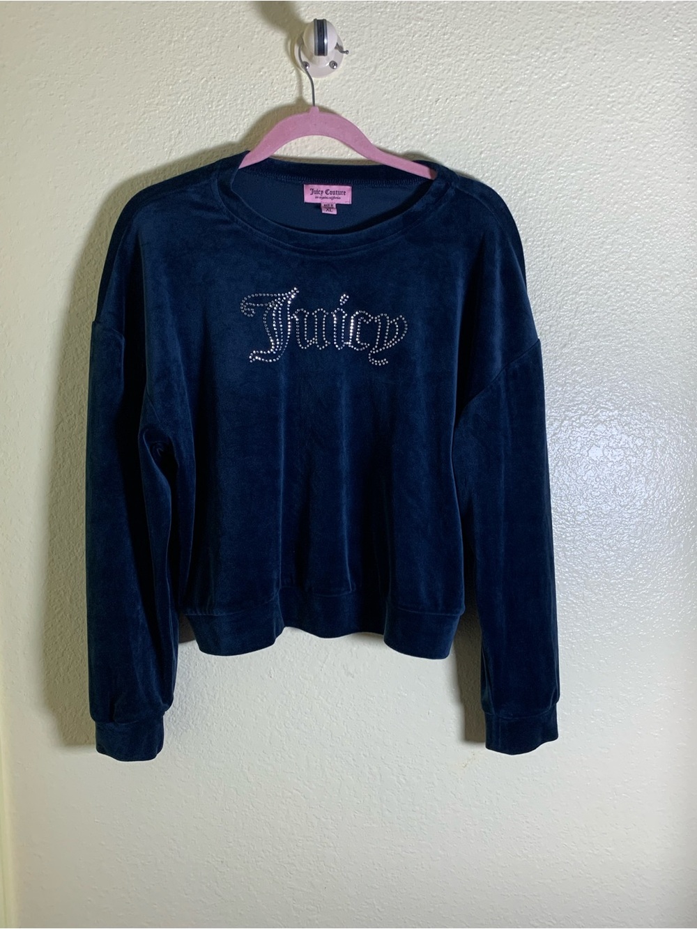 NWOT Juicy Couture Navy Velour Crystal Logo Crewneck Sweatshirt, Size XL